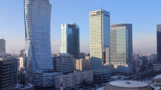 Winter aerial footage of the skyscrapers in Warsaw in sunlight, 4k