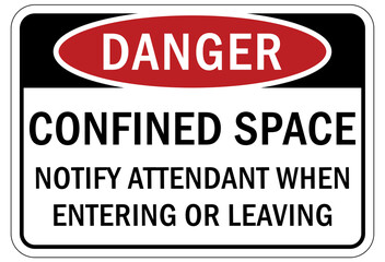 Confined space sign and labels notify attendant when entering or leaving