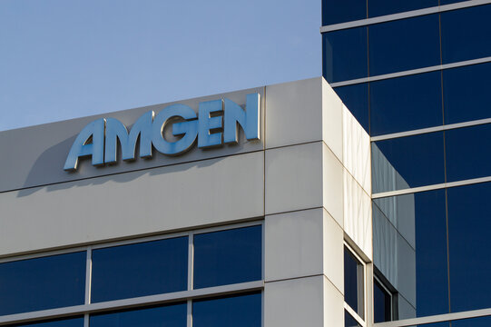South San Francisco, CA, USA - Mar 1, 2020: AMGEN logo seen at American multinational biopharmaceutical company Amgen Inc.'s corporate campus in South San Francisco, California.