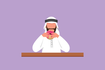 Character flat drawing of young Arabian man hold and eat sweet donut for breakfast. Happy male having yummy dessert and sitting at table. Delicious tasty fast food. Cartoon design vector illustration