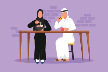 Cartoon flat style drawing Arabian couple sitting and eating at table, talking in fast food bistro, leisure time. Man and woman having meal, pizza, noodles together. Graphic design vector illustration