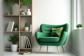 Green armchair and shelf in a living room with a white background. Generative AI