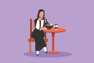 Character flat drawing beautiful Arab woman sitting on table at restaurant, eating noodles with chopstick and drink coffee cup in morning breakfast. Tasty fast food. Cartoon design vector illustration