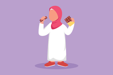 Cartoon flat style drawing Arabian little child eat chocolate bar wrapped in package. Adorable girl kid enjoy sweet dessert snack. Favorite yummy treat for children. Graphic design vector illustration