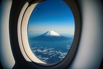 Mt. Fuji as viewed via an aircraft window. Generative AI