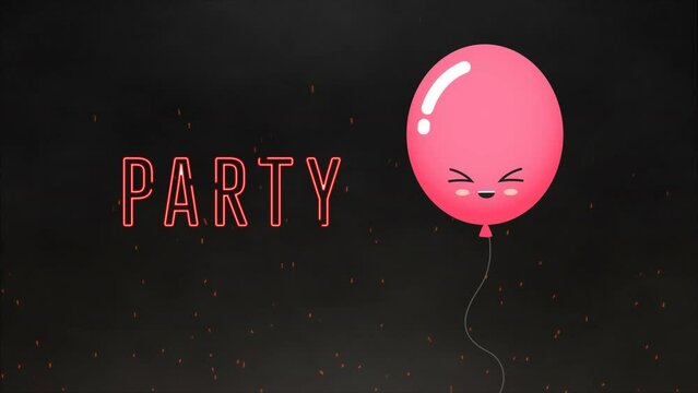 Animation of party text over pink balloon on black background
