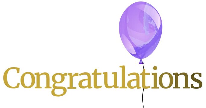 Animation of congratulations text over purple balloon on white background