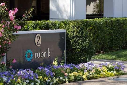 Palo Alto, CA, USA - Mar 4, 2020: The Rubrik sign seen at the American cloud data management company Rubrik, Inc.'s Headquarters in Palo Alto, California.