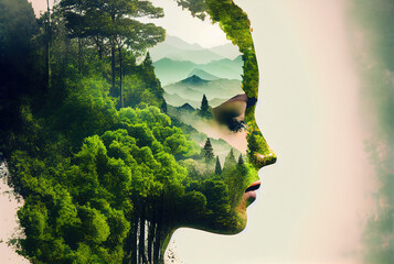 Environmental protection, sustainability and global warming protection represented by a woman and a green forest, double exposure. Ai generated image
