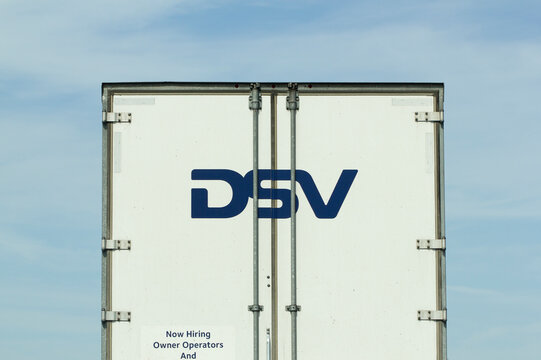 Walnut Creek, CA, USA - Mar 5, 2020: DSV logo is seen on the back of a delivery truck. DSV Panalpina A/S is a Danish transport and logistics company offering transport services worldwide.