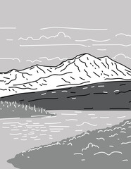 Mono line illustration of Denali National Park and Preserve or formerly Mount McKinley located in Alaska, United States done in monoline line drawing art style with grayscale shading.
