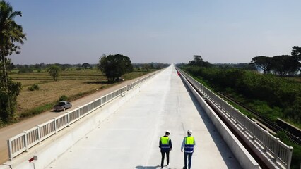 Team engineer survey highway location. Industrial, Construction, Engineer and Business concept. Drone shot.