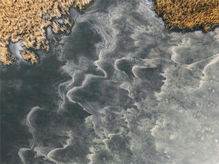 Aerial view of a frozen lake. Ice sheet background. Frozen waves on the lake. Ice background. Ice cover on a lake in southern Poland in the Bieszczady Mountains