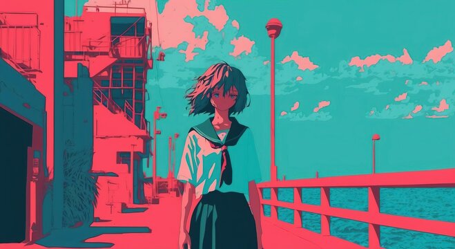 4K resolution or higher, 4K resolution or higher, cute girl, flat tone and limited color and summer. Generative AI Technology