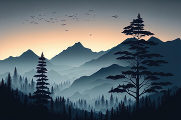 mountainous landscape background image of a foggy mountain scene with an aerial perspective effect and a morning dawn woodland. Generative AI