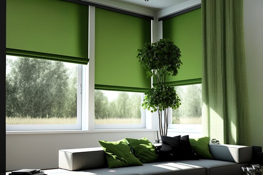 Interior roller shades. On the window, there are enormous automatic sun blinds. Wall panels with wood décor in a contemporary setting. Green vegetation in modern flower pots. home electric curtains
