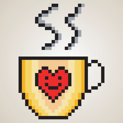 Hot coffee cup with pixel art. Vector illustration