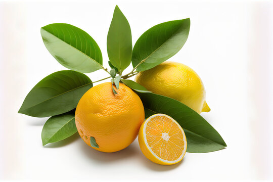 Fresh, ripe lemons from Sicily with green foliage on a white background with room for text for graphic design. Citrus fruits grown organically in direct sunshine. notion of healthy food. Generative AI