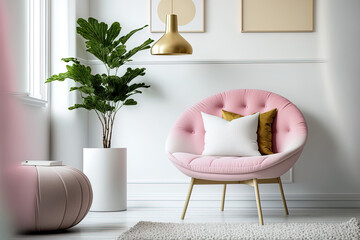 White living room with a pink seat and copy space. Generative AI