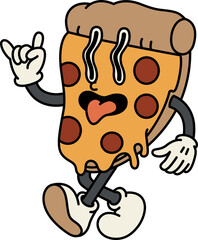 A funny slice of pizza walking. Happy and cheerful emotions. Old animation 60s 70s, smiled mascot character.Trendy illustration in retro style. Vector on isolated background.