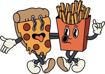 A slice of pizza and french fries are hugging together. Happy and cheerful emotions. Old animation 60s 70s, funny cartoon characters. Trendy illustration in retro style, vector