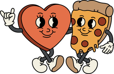 A slice of pizza and a candy heart are hugging together. Happy and cheerful emotions. Old animation 60s 70s, funny cartoon characters.Trendy Valentine's Day illustration in retro style. Vector.