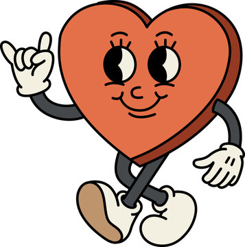 A funny candy heart walking. Happy and cheerful emotions. Old animation 60s 70s, smiled mascot character.Trendy Valentine's Day illustration in retro style. Vector on isolated background.
