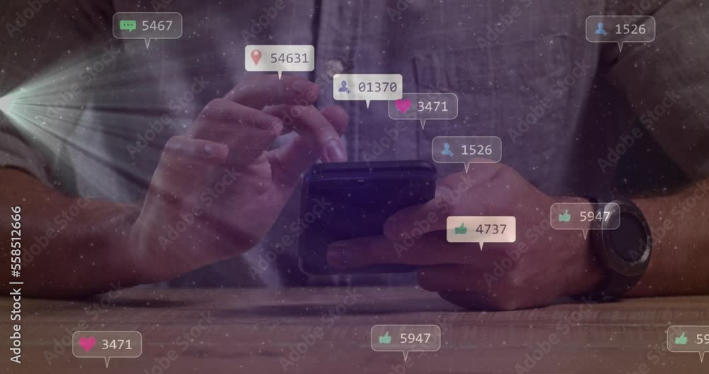 Poster animation of social media icons with numbers over caucasian man using smartphone