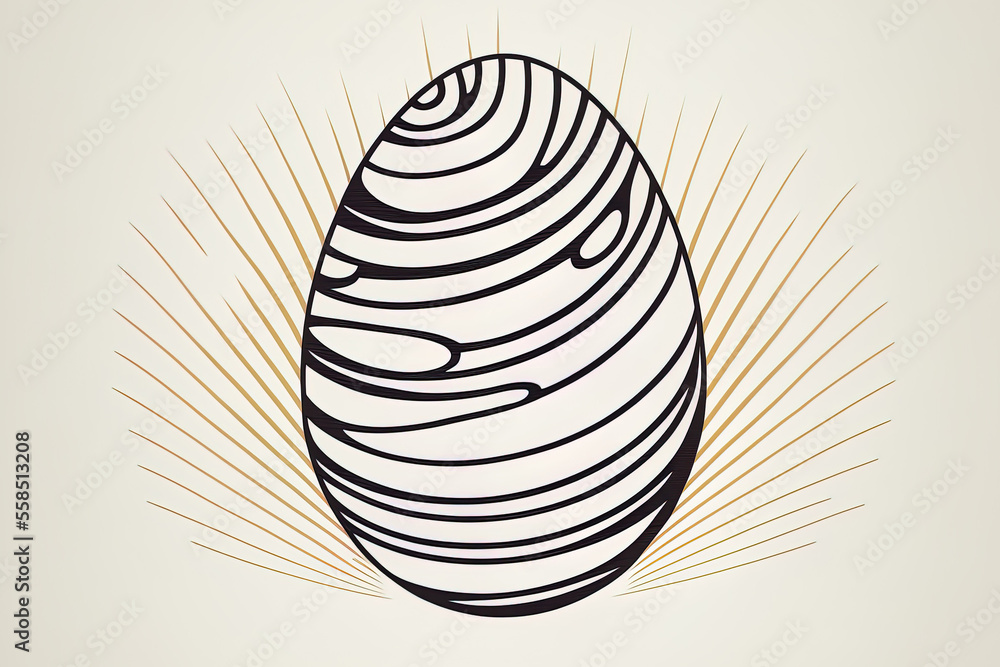 Poster egg line drawing sketch of a whole egg with its shell in one continuous line graphics in black and white, Easter themed illustration design element. Generative AI