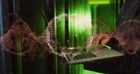 Animation of dna strand and digital brain over asian man in server room - Powered by Adobe