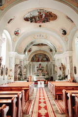 a beautiful ancient church that is decorated during the wedding day