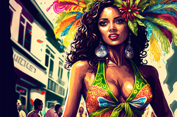 Fototapeta na wymiar Beautiful samba dancer portrait wearing traditional costume