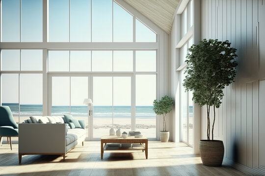 Large living room with a sea view in a lavish summer beach home with no furniture. interior of a holiday house or villa. Generative AI