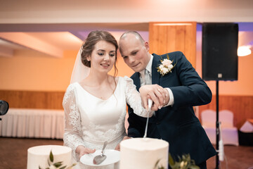 newlyweds cut each other's cake at a wedding reception in a beautifully decorated space, wedding cake, love, bride