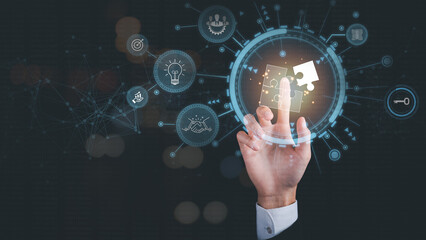 solution concept ,demonstrating leadership strategies,Creativity that will lead the business in right direction,with innovation and brain power from brainstorming,Human hand pointing at icon