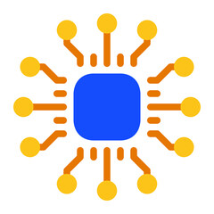 Isolated proccessor in blue yellow flat icon on white background. CPU, microchip, artificial intelligence, iot