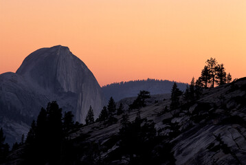 Sunset over Half Dome in Yosemite National Park, California.