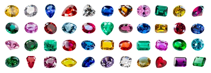 Poster Jewel or gems isolated on white background, Collection of many different natural gemstones © byjeng