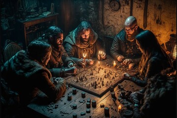 Roleplaying scenery in fantasy dungeon interior with characters playing tabletop rpg games - obrazy, fototapety, plakaty