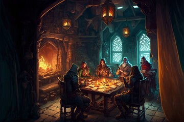 Roleplaying scenery in fantasy dungeon interior with characters playing tabletop rpg games - obrazy, fototapety, plakaty