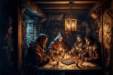 Roleplaying scenery in fantasy dungeon interior with characters playing tabletop rpg games