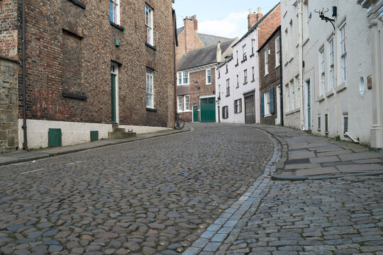 An old cobblestone street in Durham, in northeast England.