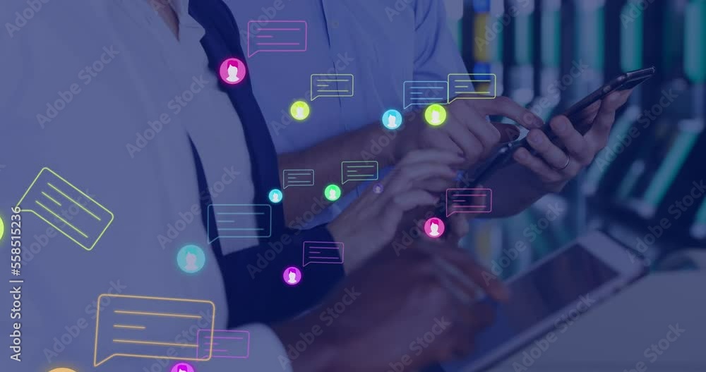 Poster animation of social media icons and data processing over business people using computers