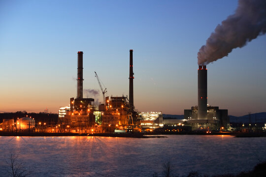 Predawn view of a coal-fired power plant on Lake Julian in Arden, NC
