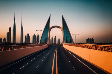 Naklejka na ściany i meble Conceptual Ai Generated Image - An empty road on the Meydan Bridge in Dubai, with a view of the city in the distance. Generative AI