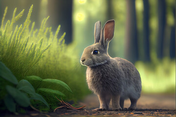 A rabbit is walking in the forest. Lovely rabbit. Beautiful old forest. Rabbit illustration. Generative AI.