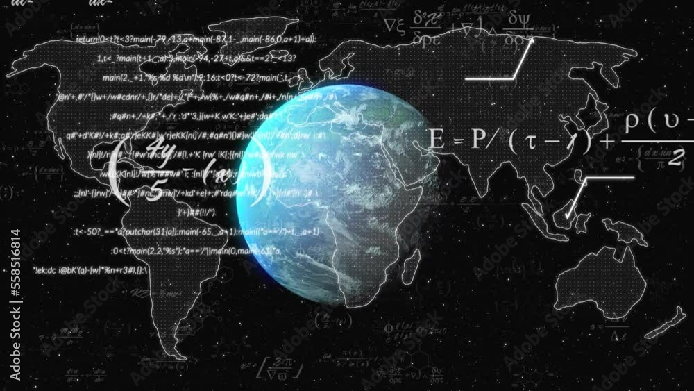 Poster animation of data processing over globe and world map on black background