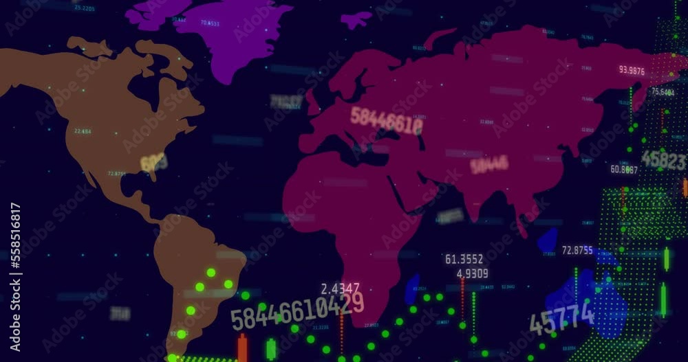 Poster animation of data processing and numbers over world map in background