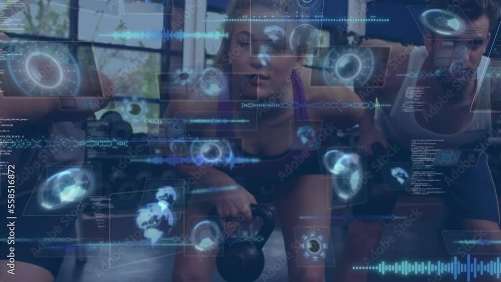 Poster animation of data processing over people lifting weights, exercising in gym
