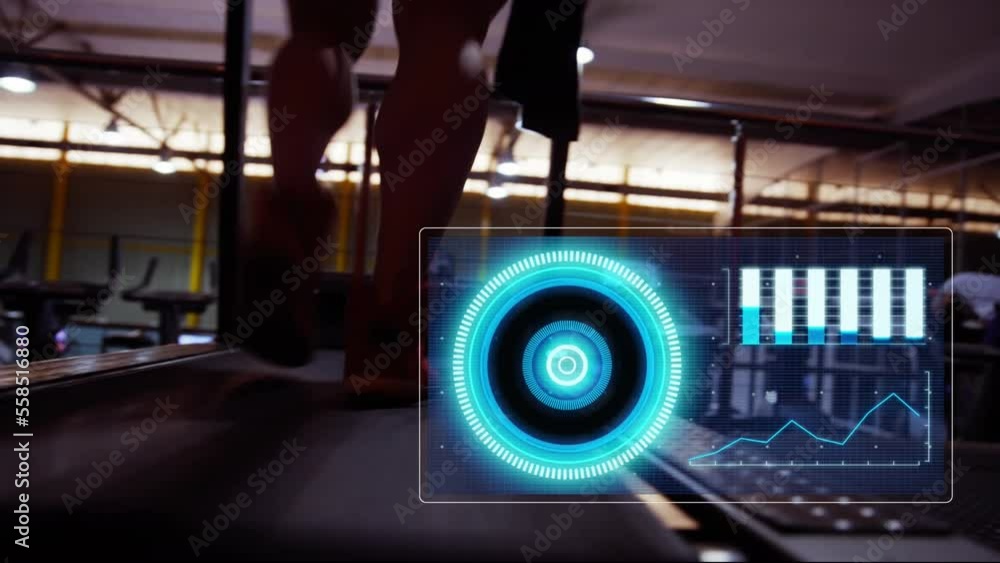 Poster animation of data processing over man running on treadmill, exercising in gym